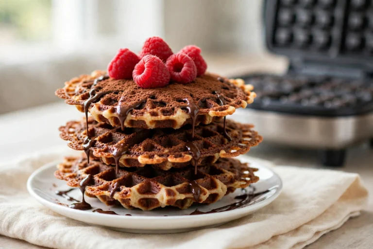 A stack of three chocolate chaffles on a white plate, drizzled with chocolate sauce and topped with fresh raspberries, with a waffle maker in the background.