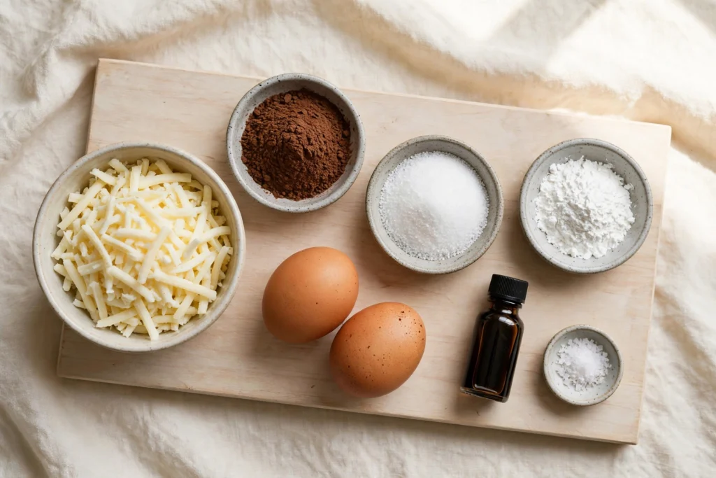 Overhead view of chocolate chaffle ingredients on a wooden board: shredded mozzarella, cocoa powder, granulated sweetener, almond flour, two eggs, vanilla extract, and salt.