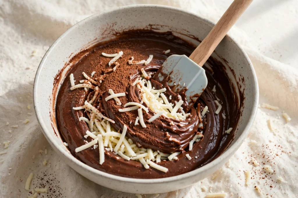 Chocolate chaffle batter in a bowl with shredded mozzarella being folded in, a spatula resting in the batter and cocoa powder dusted on top.
