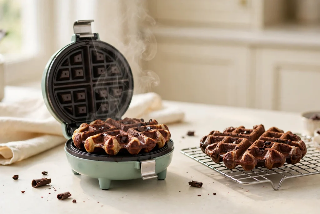 A freshly cooked chocolate chaffle steaming in an open mini waffle maker, with another chaffle cooling on a wire rack beside it.
