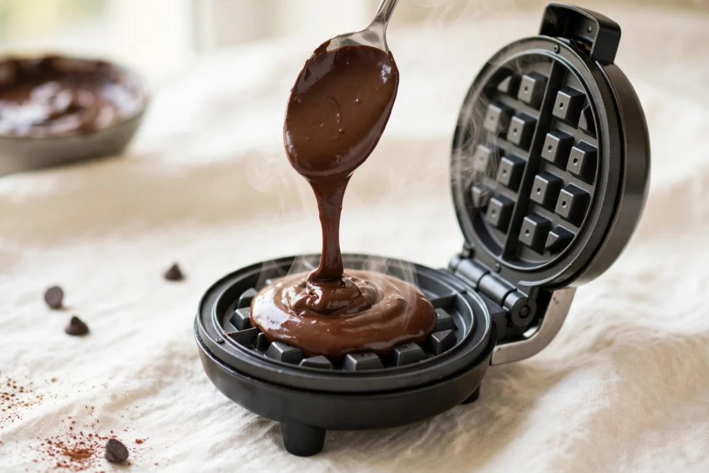 Thick chocolate chaffle batter being spooned onto a hot mini waffle maker, with steam rising from the batter.