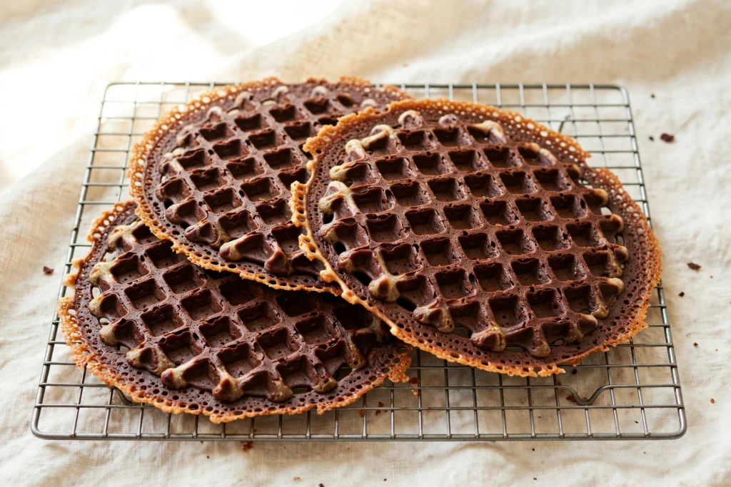 Three freshly cooked chocolate chaffles with crispy golden-brown edges cooling on a wire rack over a linen cloth.