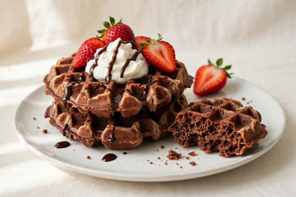 A stack of chocolate chaffles topped with whipped cream, chocolate drizzle, and fresh strawberries on a white plate, with one chaffle broken open.