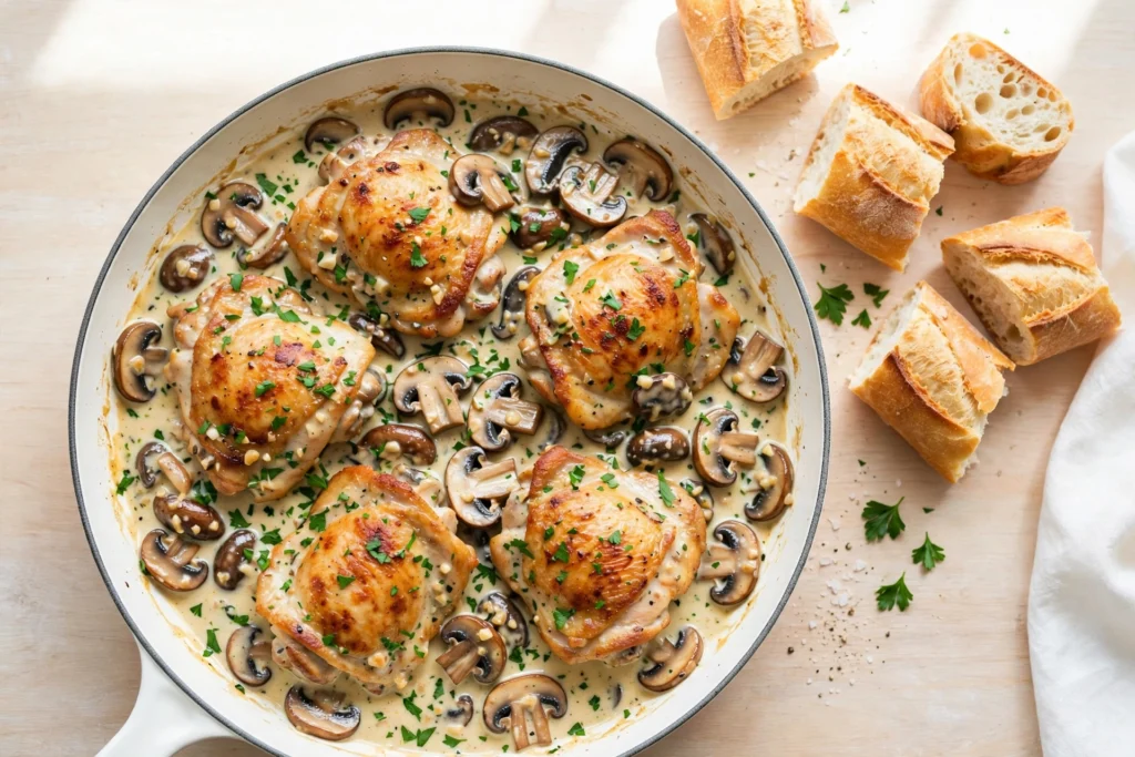 Overhead view of creamy garlic mushroom chicken thighs in a skillet with sliced mushrooms and fresh parsley, served with crusty bread slices on the side.