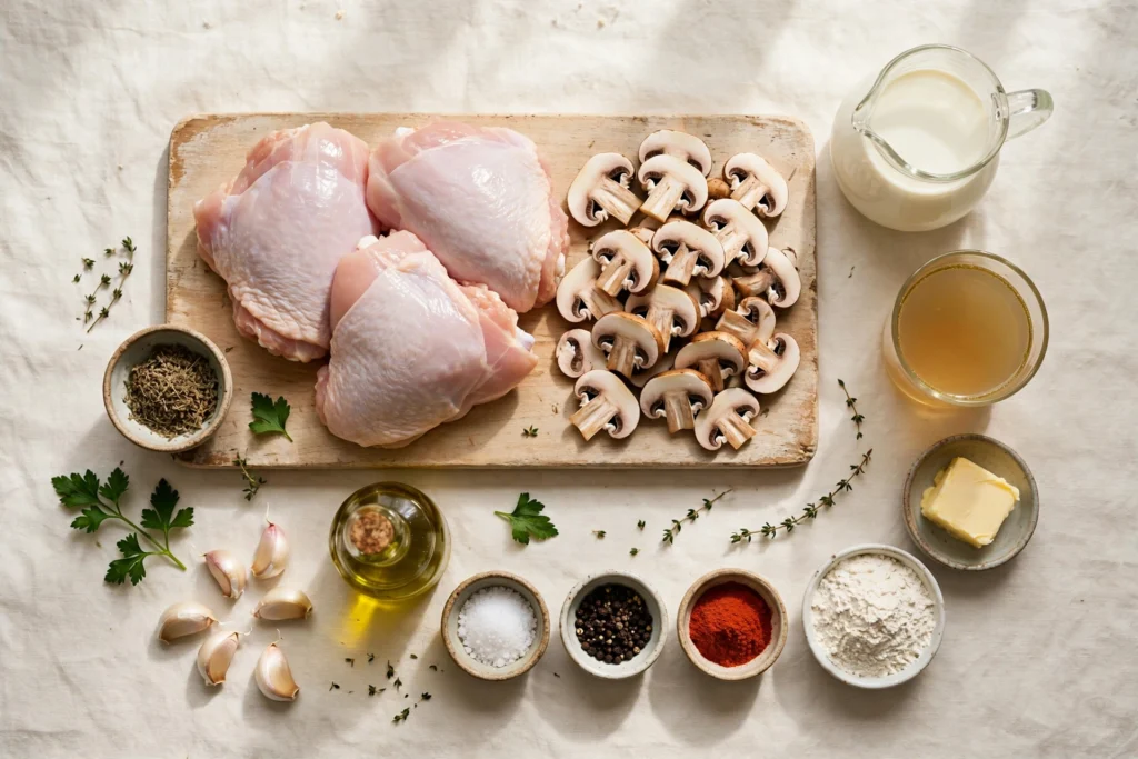 Raw chicken thighs and sliced mushrooms on a wooden cutting board surrounded by ingredients for creamy garlic mushroom chicken thighs: a pitcher of cream, chicken broth, butter, garlic, olive oil, flour, and small bowls of salt, pepper, paprika, and dried herbs.