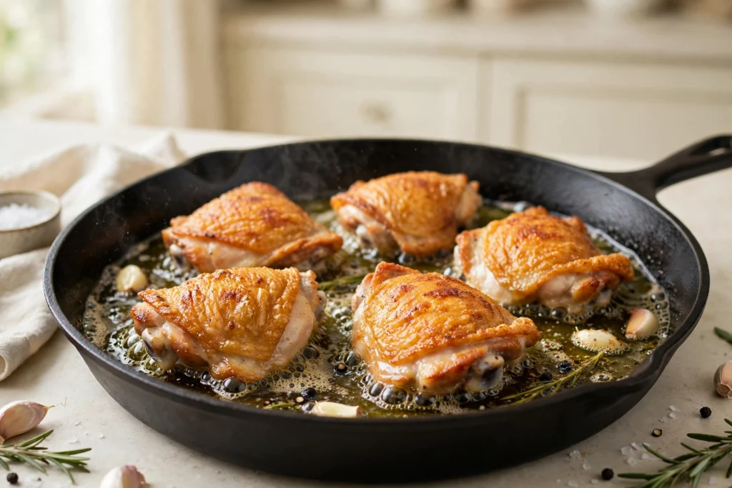 Golden-brown seared chicken thighs sizzling in a cast iron skillet with whole garlic cloves and fresh herbs.