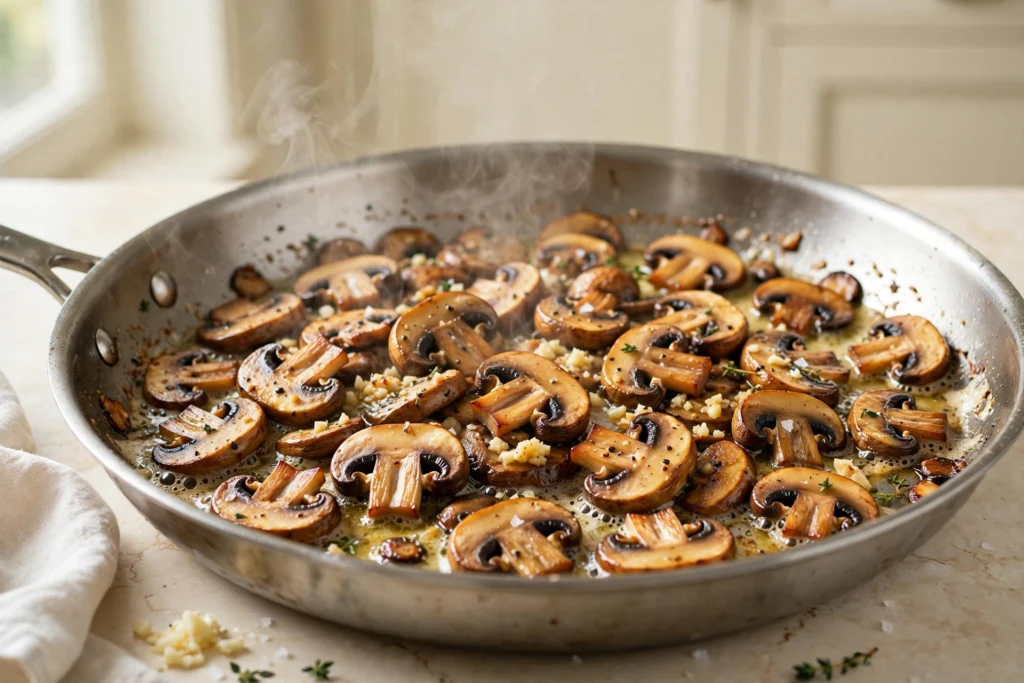 Sliced mushrooms sautéing in a stainless steel skillet with melted butter, minced garlic, and fresh herbs.