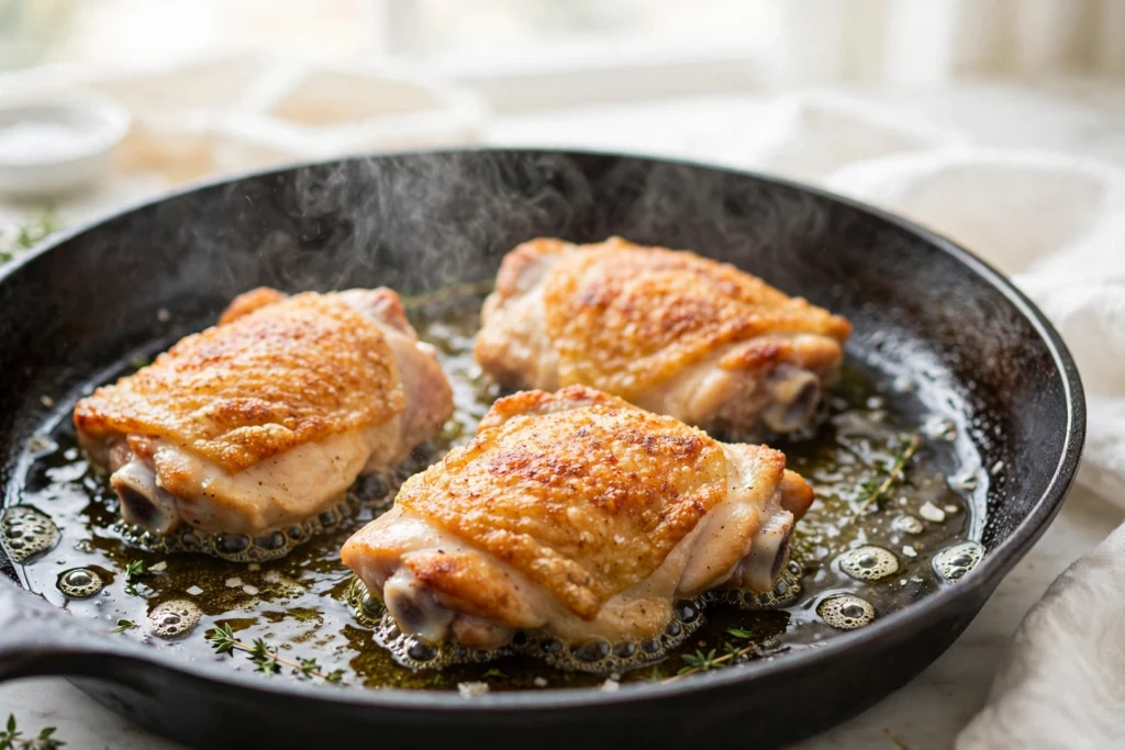 Close-up of crispy golden-brown chicken thigh skin sizzling in a hot skillet with steam rising.