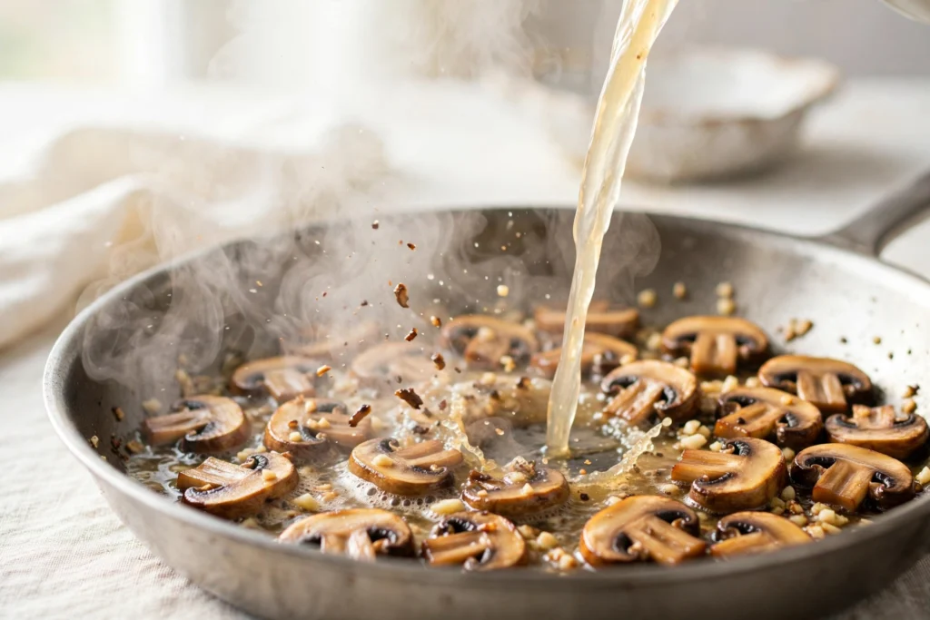 Chicken broth being poured into a hot skillet with sautéed mushrooms and garlic, with steam rising.