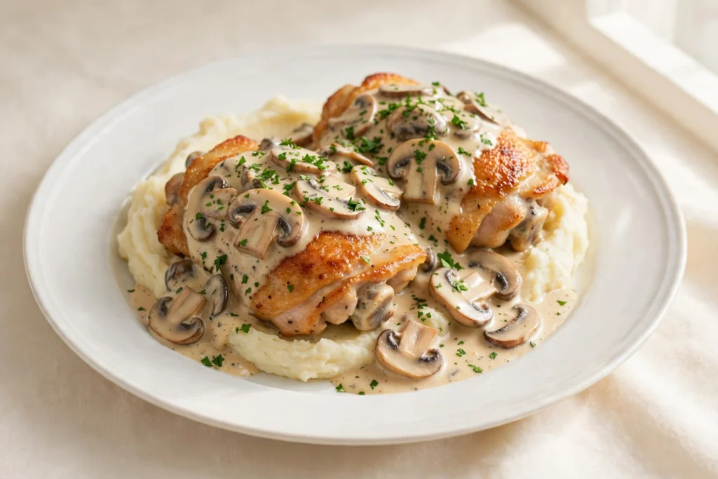 Creamy garlic mushroom chicken thighs served over mashed potatoes on a white plate, topped with sliced mushrooms and fresh parsley.
