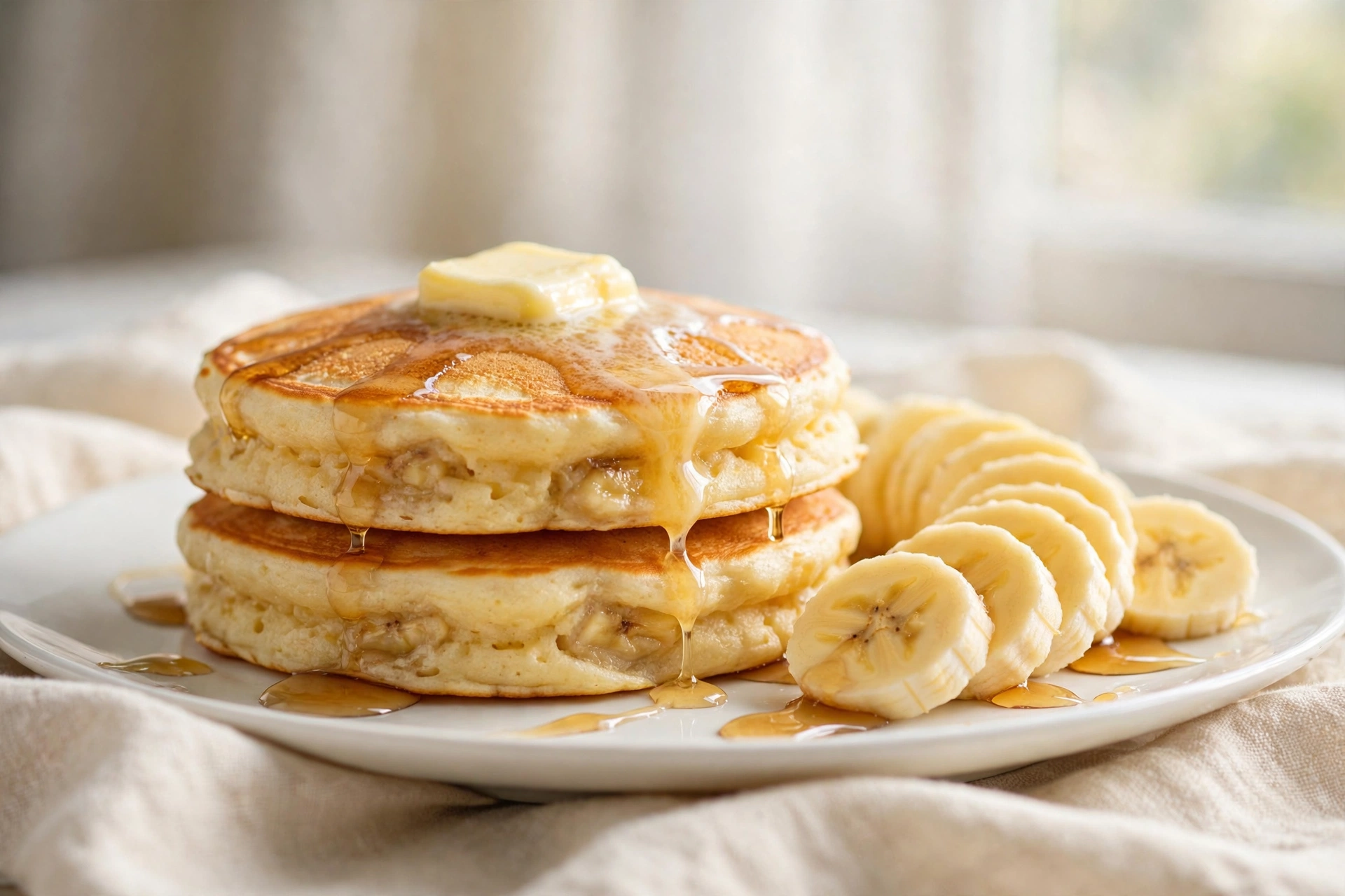 Fluffy banana pancakes stacked with sliced bananas and a generous pour of maple syrup.