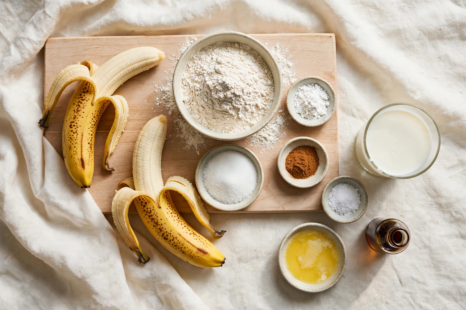 Ripe bananas, flour, plant-based milk, and baking essentials laid out on a countertop for egg-free banana pancakes.