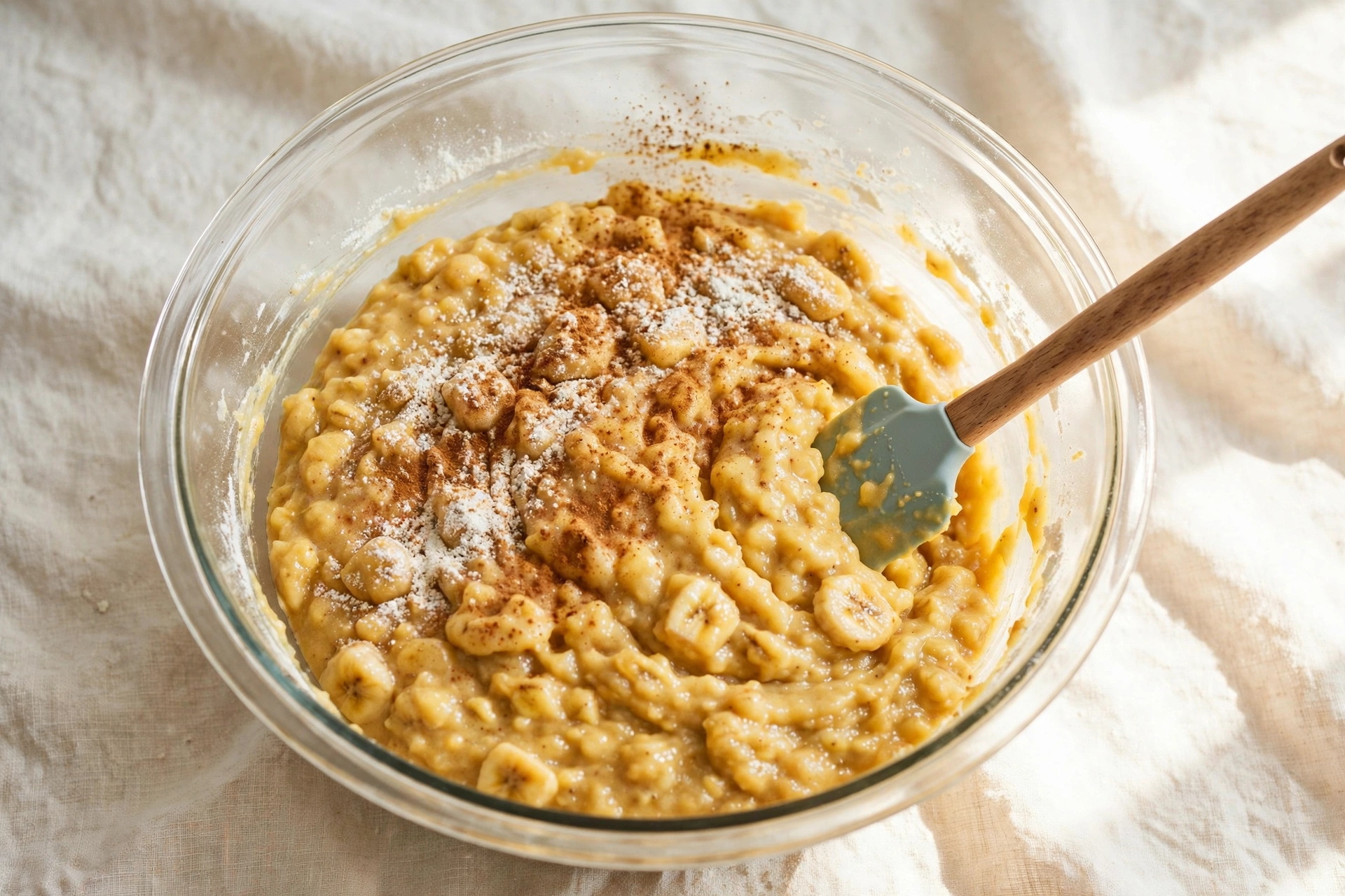 Thick, lumpy banana pancake batter being stirred with a spoon in a glass mixing bowl.