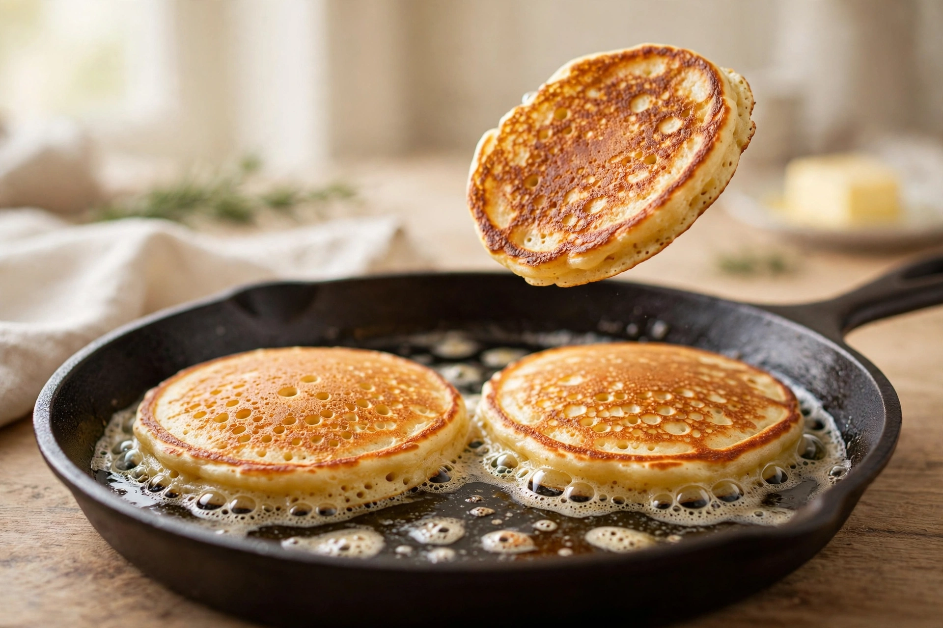 A banana pancake mid-flip in a hot skillet, its cooked side perfectly golden brown.