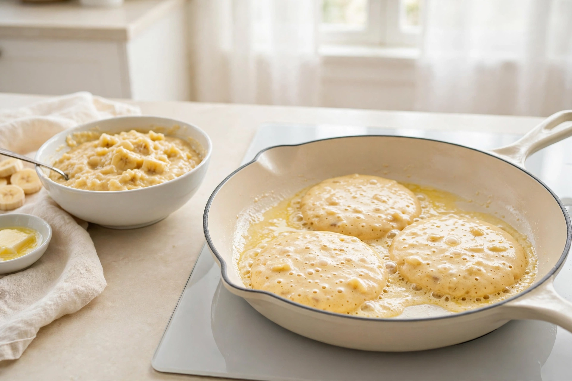 Three banana pancakes cooking in a white skillet with bubbles forming on their surfaces, beside a bowl of chunky banana batter.
