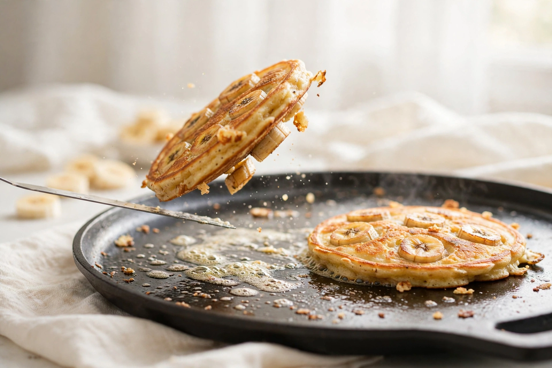 A golden banana pancake being flipped mid-air with a spatula over a hot skillet.