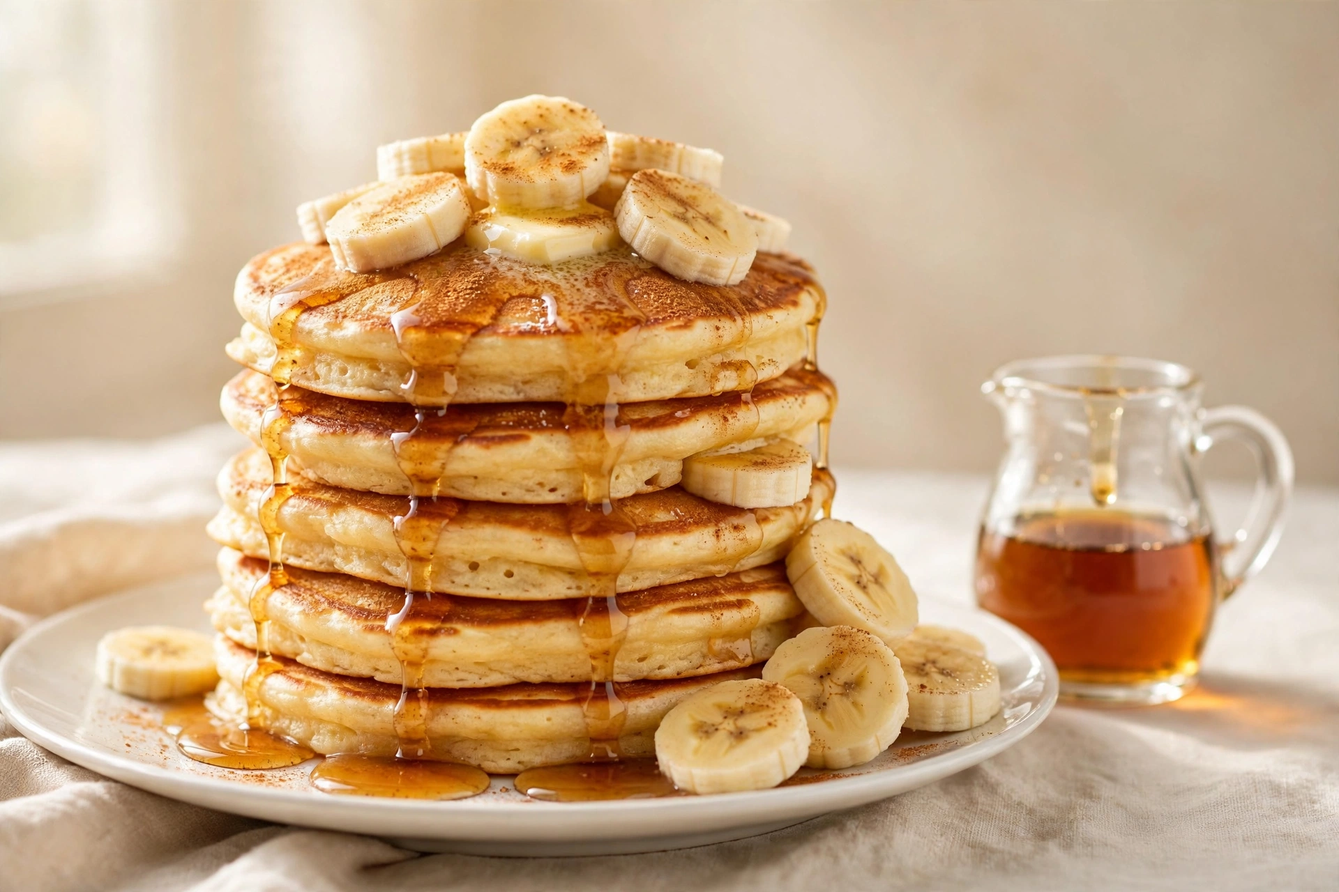 A tall stack of fluffy egg-free banana pancakes layered with fresh banana slices and drizzled with syrup.