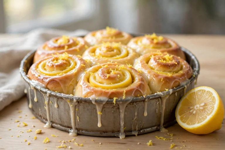 Golden lemon sweet rolls with glossy lemon glaze and lemon zest in a round baking pan