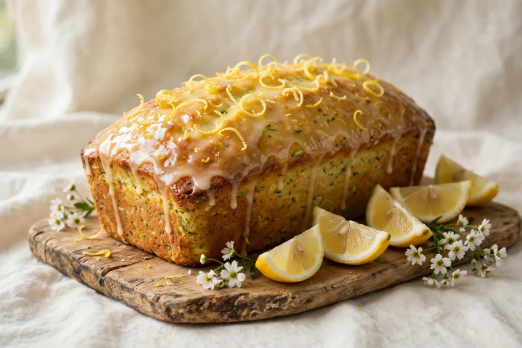 A whole glazed lemon zucchini loaf cake topped with lemon zest curls on a wooden board, with lemon wedges and small white flowers around it.