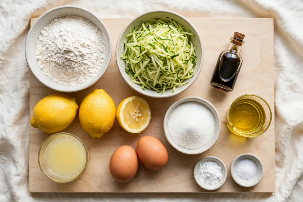 Overhead view of lemon zucchini cake ingredients on a wooden board: flour, grated zucchini, lemons, sugar, oil, lemon juice, two eggs, vanilla extract, baking powder, and salt.