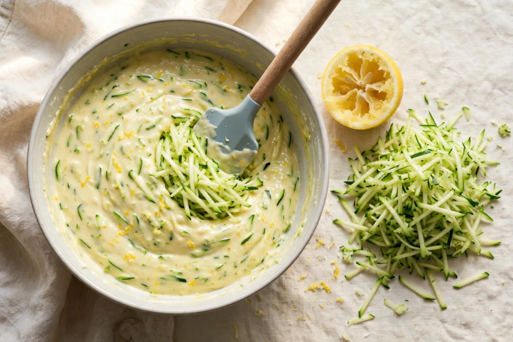 A bowl of lemon zucchini cake batter with grated zucchini being folded in, a silicone spatula in the bowl, with a pile of grated zucchini and a squeezed lemon half beside it.