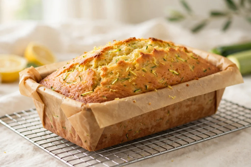 A freshly baked golden lemon zucchini loaf cake in a parchment-lined pan cooling on a wire rack, with a cracked top and green zucchini flecks.