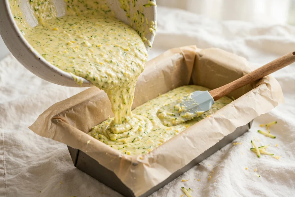Thick lemon zucchini batter with green zucchini flecks being poured from a bowl into a parchment-lined loaf pan, with a silicone spatula in the pan.