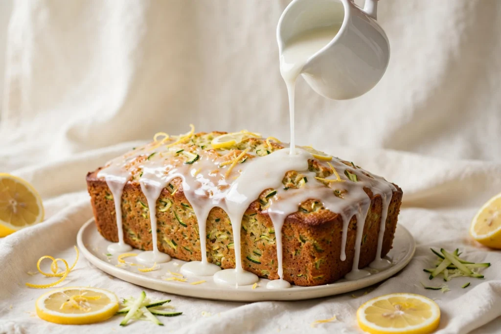 Lemon glaze being poured from a white pitcher over a baked lemon zucchini loaf cake, the glaze dripping down its sides, with lemon slices and zucchini shreds around the plate.