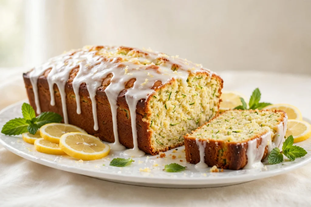 A glazed lemon zucchini loaf cake with a slice cut, showing a moist crumb with green zucchini flecks, on a white plate with lemon slices and fresh mint leaves.