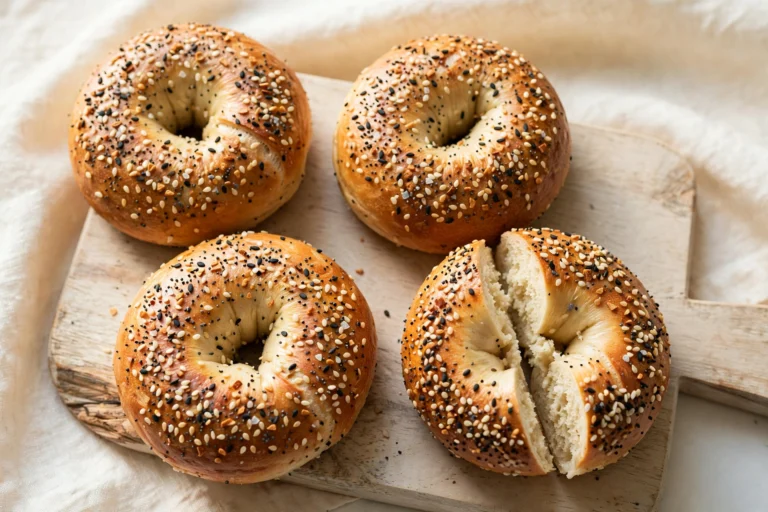 Four homemade golden-brown everything bagels on a wooden board, one split open showing the soft crumb