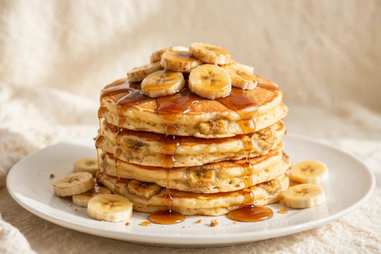 Stack of fluffy golden banana pancakes topped with banana slices and maple syrup