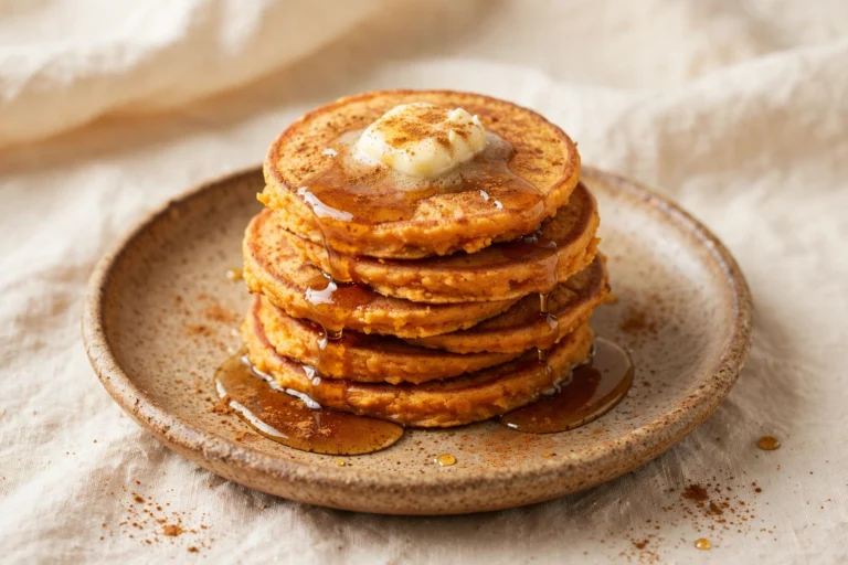 Stack of golden sweet potato pancakes with butter, maple syrup, and a dusting of cinnamon