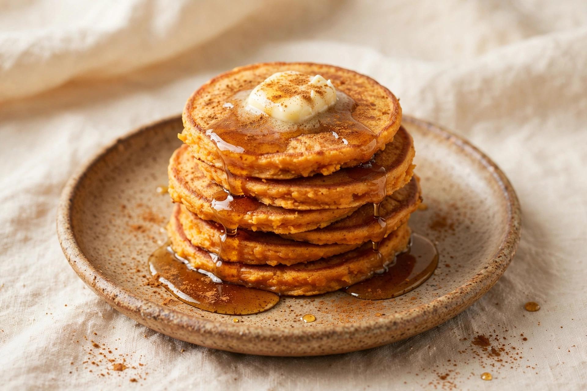Stack of golden sweet potato pancakes with butter, maple syrup, and a dusting of cinnamon