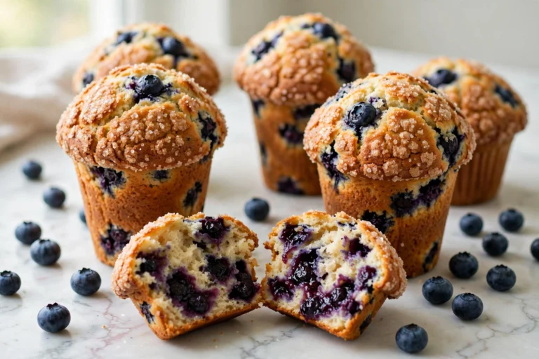 Bakery-style blueberry muffins with tall domed sugar tops, one split open showing jammy blueberries