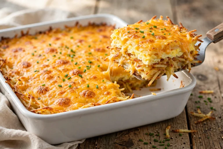 Cheesy hash brown breakfast casserole with a golden bubbly top, a square serving lifted on a spatula