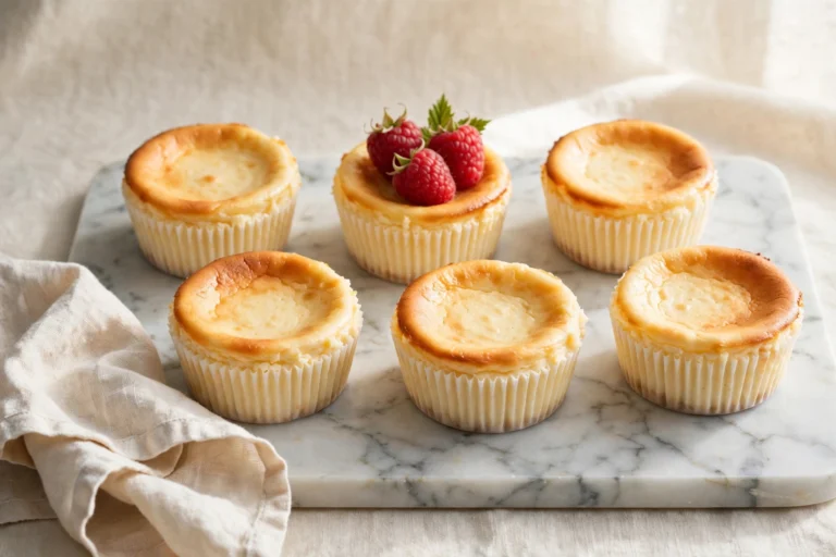 Mini cheesecake cups in paper liners topped with fresh raspberries on a marble tray