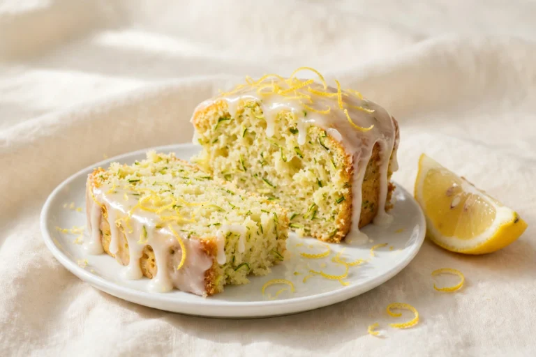 Glazed lemon zucchini cake slices on a white plate with lemon zest and a lemon wedge