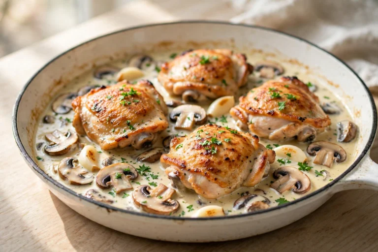 Creamy garlic mushroom chicken thighs in a white skillet with mushrooms and fresh parsley
