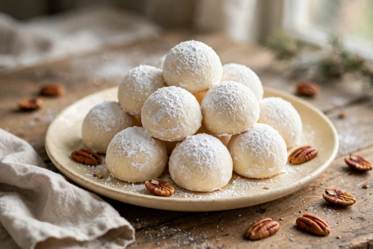 Pecan snowball cookies coated in powdered sugar stacked on a ceramic plate