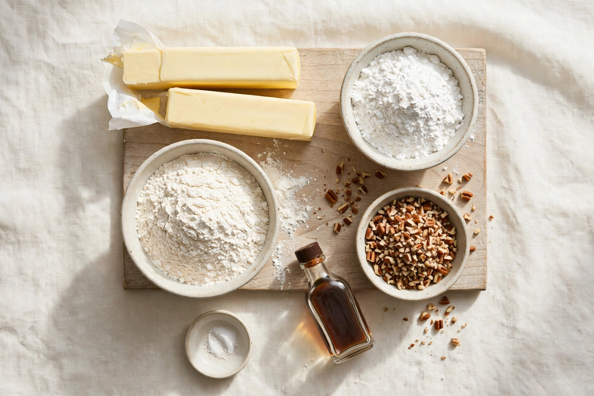 Ingredients for Buttery Snowball Cookies arranged on a kitchen counter