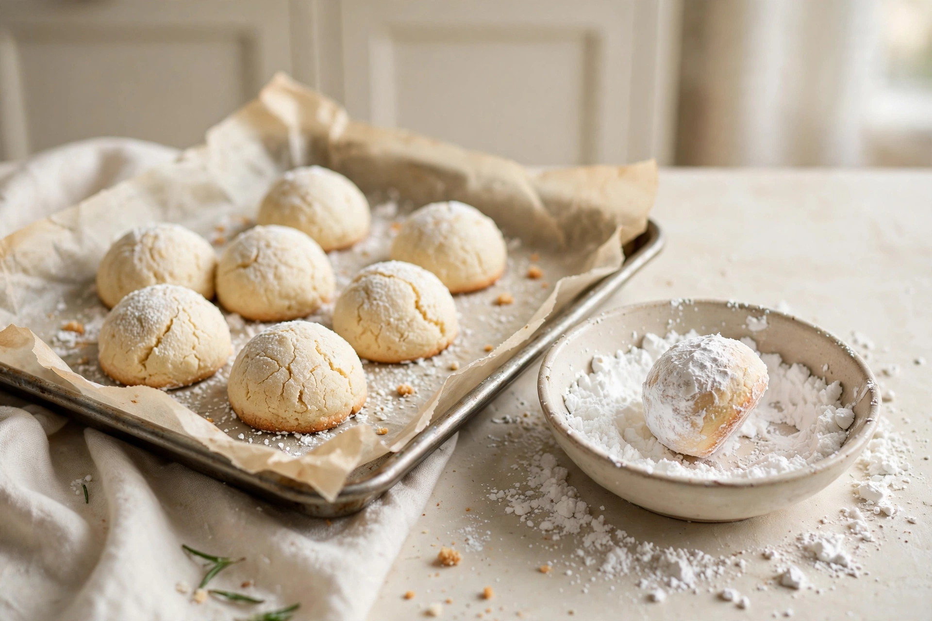 finishing the dish while making buttery snowball cookies