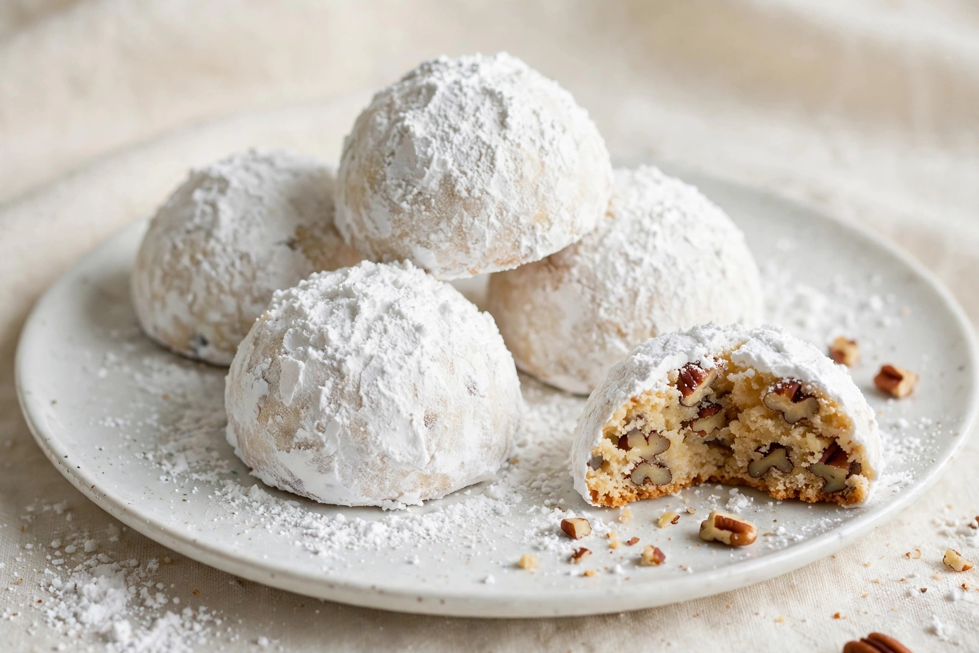 Finished buttery snowball cookies served and ready to enjoy